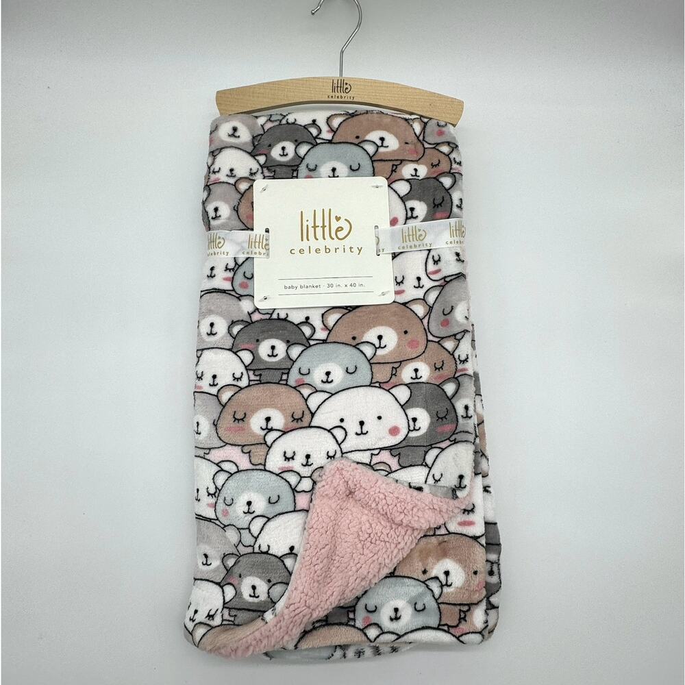 Little Celebrity Pink Sherpa Teddy Bear Baby Blanket Bears Print New